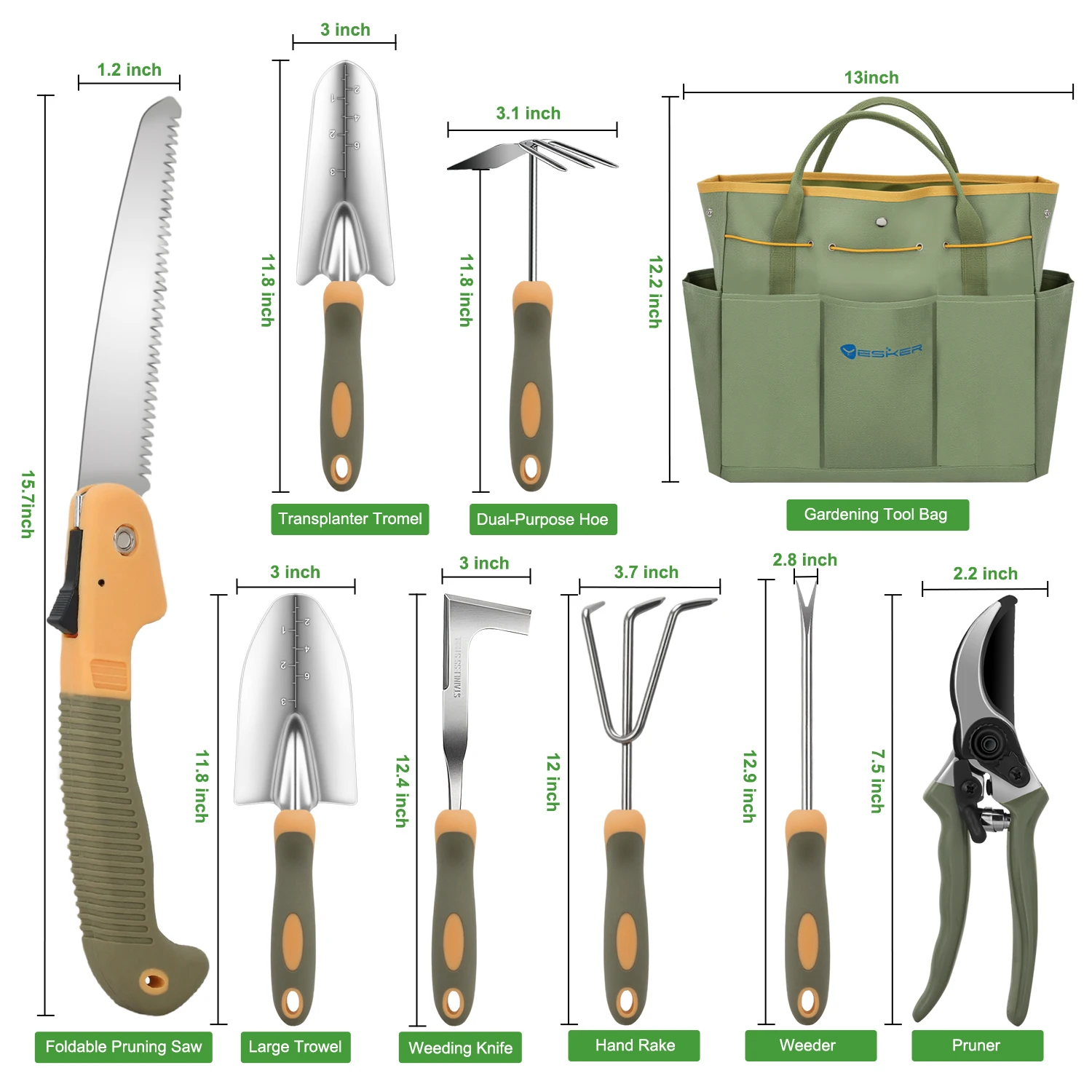 Gardening Tools 9-Piece Heavy Duty Garden Tool Set Gardening Supplies Gifts for Women Men Gardening Hand Tool Kit w Non-Slip Ergonomic Rubber Handle, Durable Garden Bag, Pruning Shears