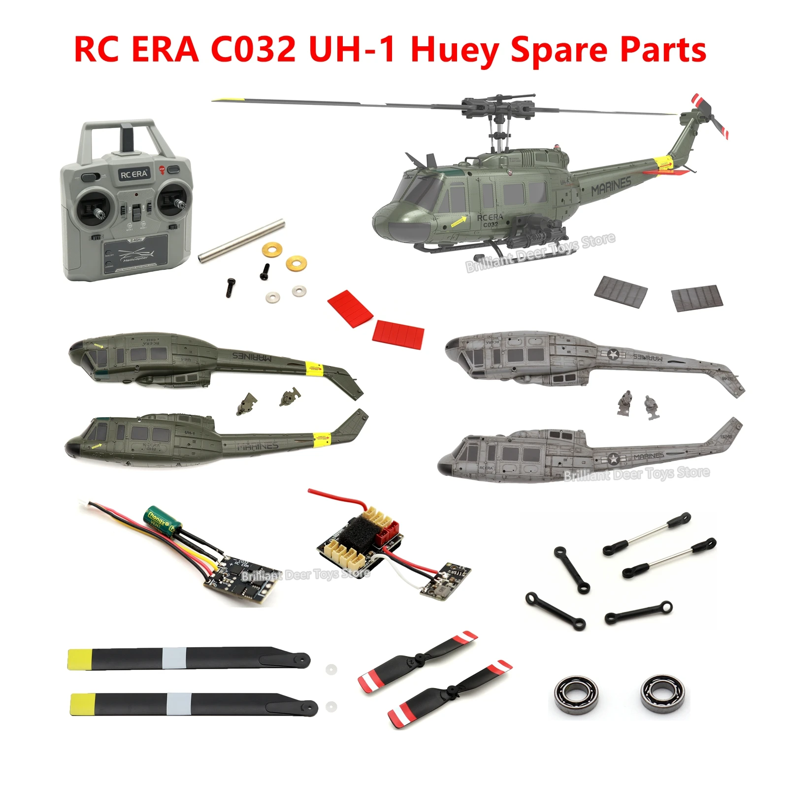 Pièces de rechange et accessoires pour hélicoptère RC ERA C032 UH-1, coque de carrosserie, lame principale, engrenage moteur, servo, liaison lumineuse, etc.