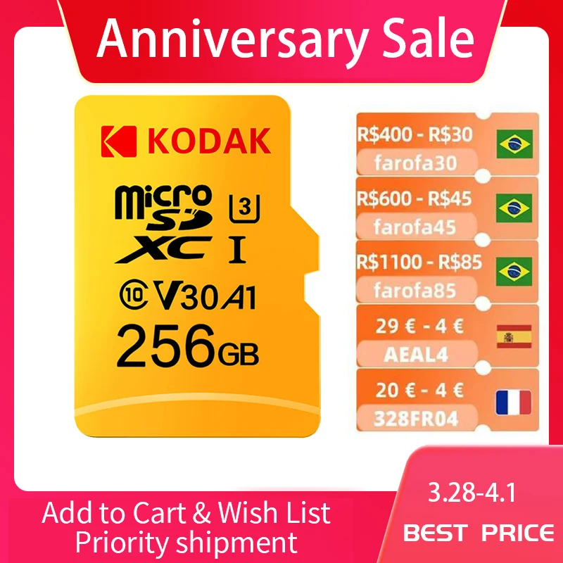 Оригинальная карта памяти Kodak 512GB Micro SD Class 10 16G 32G 64GB U3 4K высокоскоростная флеш-память Cartao De Memoria TF128gb Mecard C10 1TB