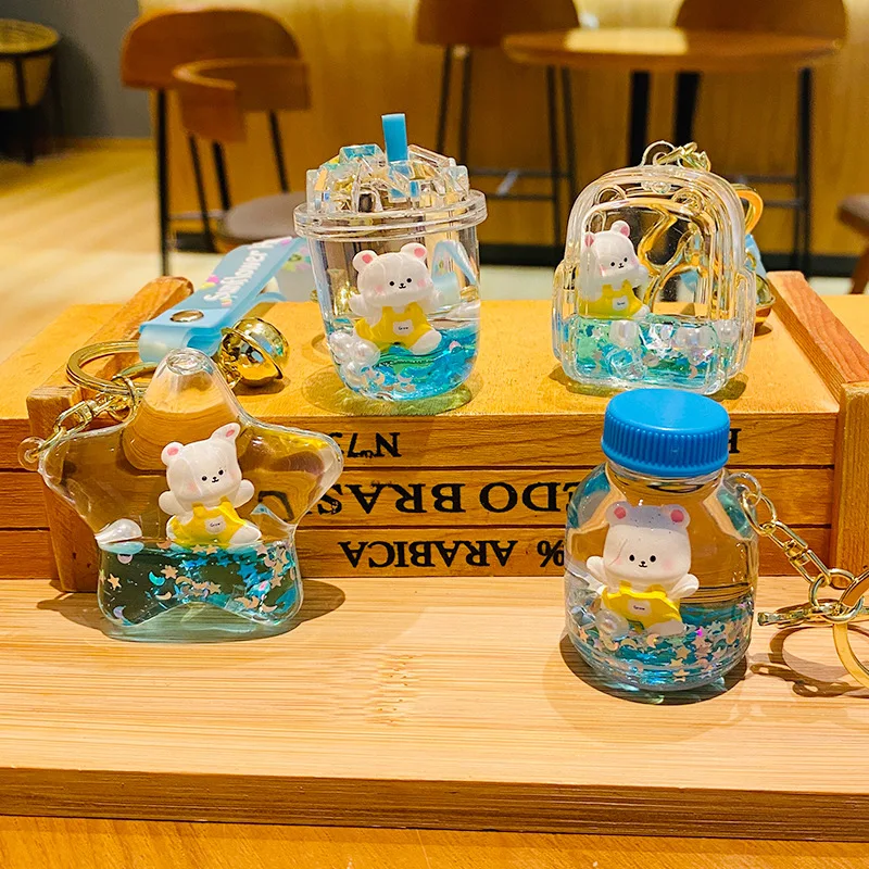 Creative Acrylic Bear Quicksand Bottle Keychain Floating Oil Liquid Key Chains Couple Bag Hanging Pendant Key Chains Car Keyring