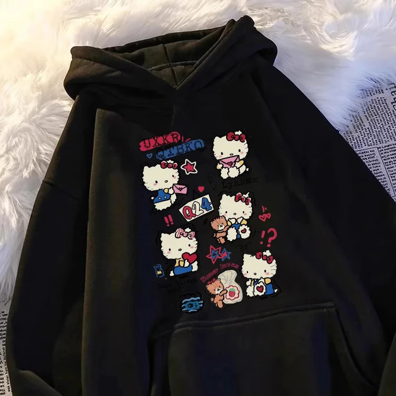

MINISO 2025 Мужская женская толстовка с капюшоном Hello Kitty с рисунком кота, модный тренд, топ для девочек, женская толстовка в студенческом стиле, свободная толстовка