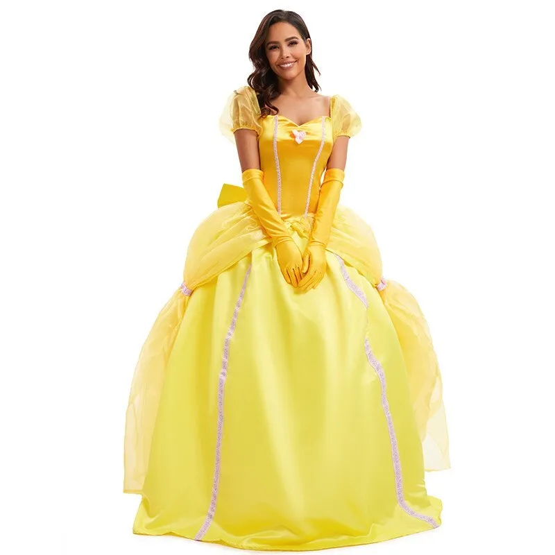 2025 Neu und The Beast Bell Gelbes langes Kleid Halloween-Kostüm Belle Prinzessin Kleid Maskerade Karneval Erwachsene Belle Roles Anzug