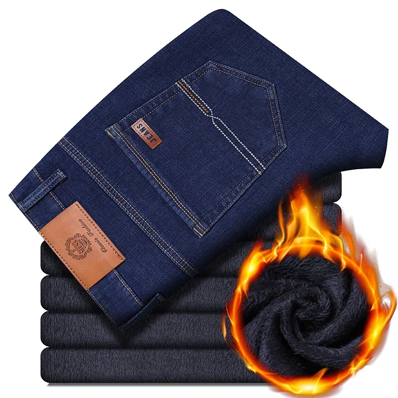 New Winter Men Fleece Warm Jeans Classic Style Business Casual Thicken Velvet Slim Denim Pants Brand Trousers Male Size 28-42
