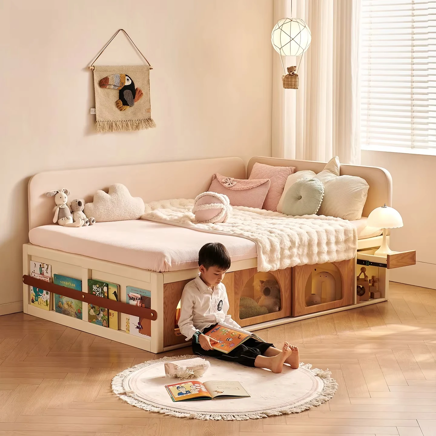 Customizable Storage Solid Wood Cream Style Bed for Boys & Girls Tatami High Box Bed