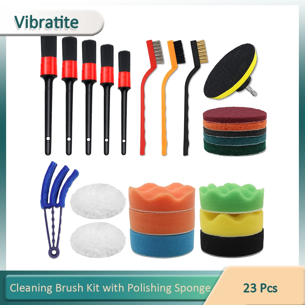 23PCS Car Detailing Brush Set Car Cleaning Brushes Kit with Polishing Sponge Pads Set for Car Interior Exterior Leather Air Vent