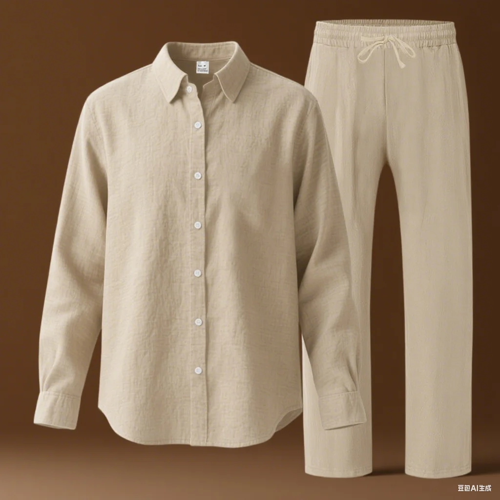 Cross-border American Four Seasons Linen Men's Clothing Set Beach Thin Long Sleeve Shirt Set