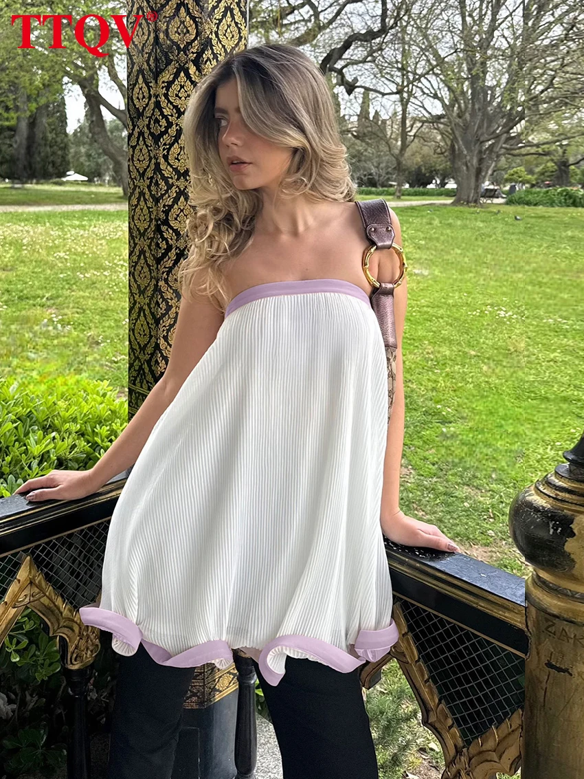 

TTQV Summer Loose White Women's Tank Top 2026 Sexy Strapless Sleeveless Vest Lady Elegant Classic Patchwork Top Female Clothing