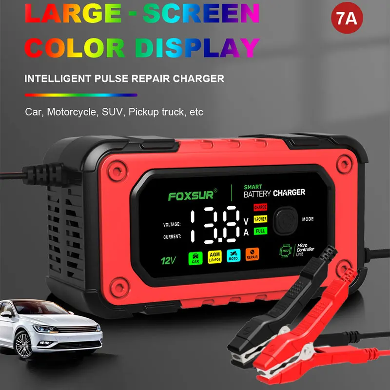 Charger sepeda Motor ซ่อมรถ7A อัจฉริยะใหม่12V foxsur แบตเตอรี่ LiFePO4ตะกั่วกรดสำหรับที่ชาร์จแบตเตอรี่อเนกประสงค์