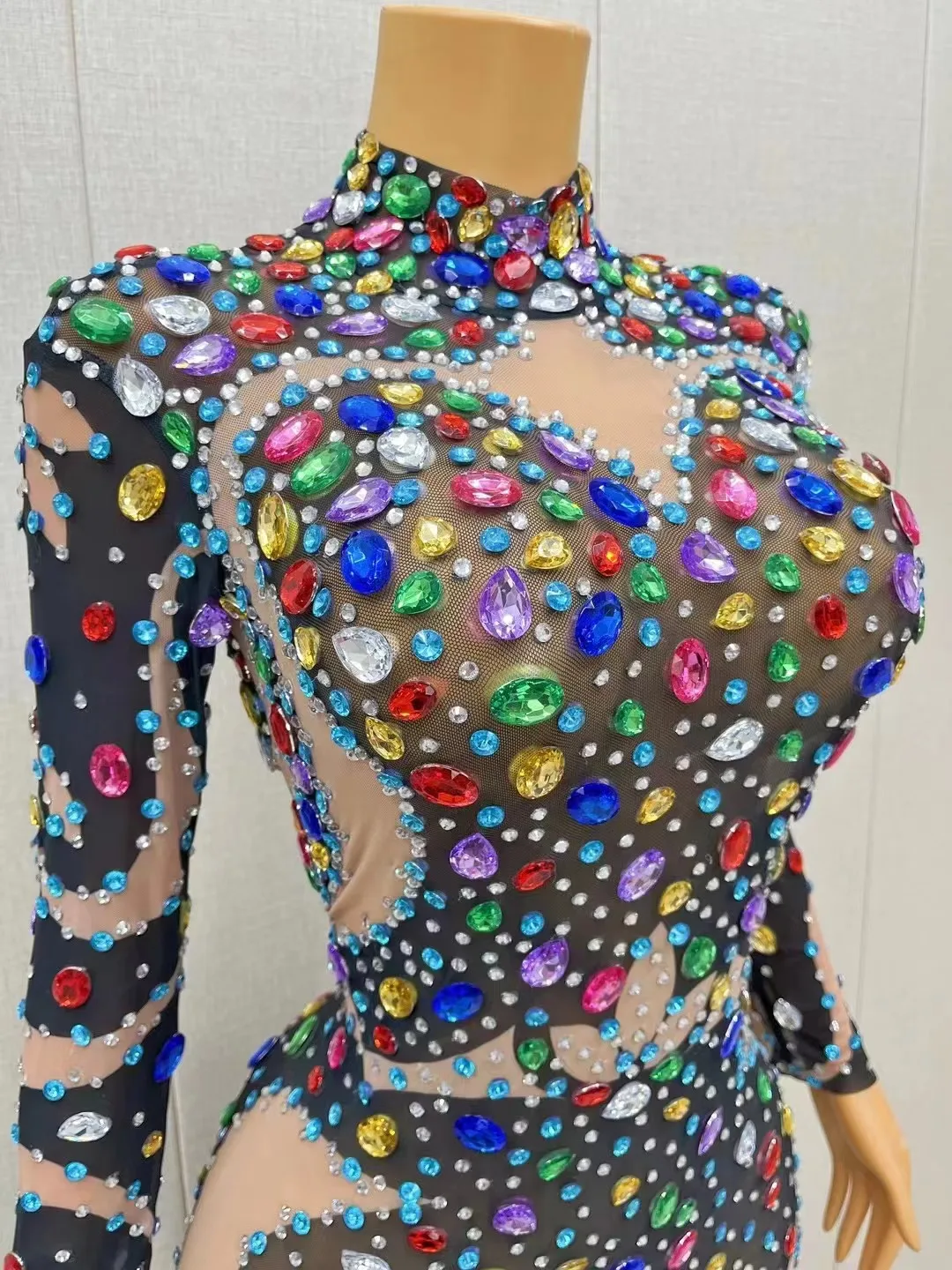 Sexy Bühne feiern luxuriöse bunte Strasssteine schwarz Overall transparent Mesh Tanz Outfit Body Fotoshooting Kostüm