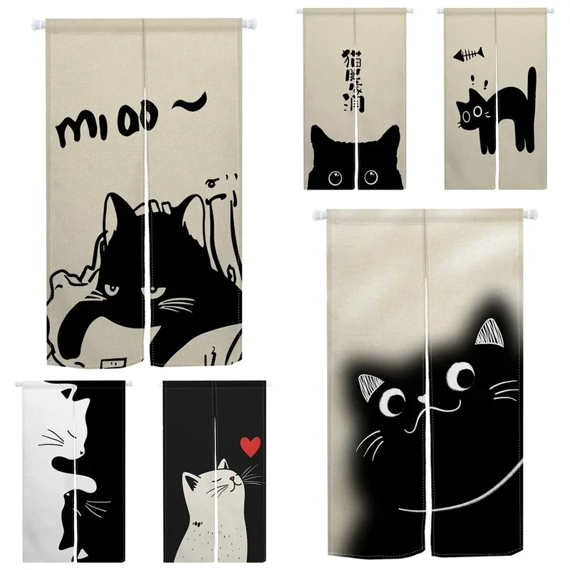 VIKAMA Cat Door Curtain Japanese Noren Fabric Half Flanges Pole Mounted Black White Cartoon Bathroom Kitchen Home Decor