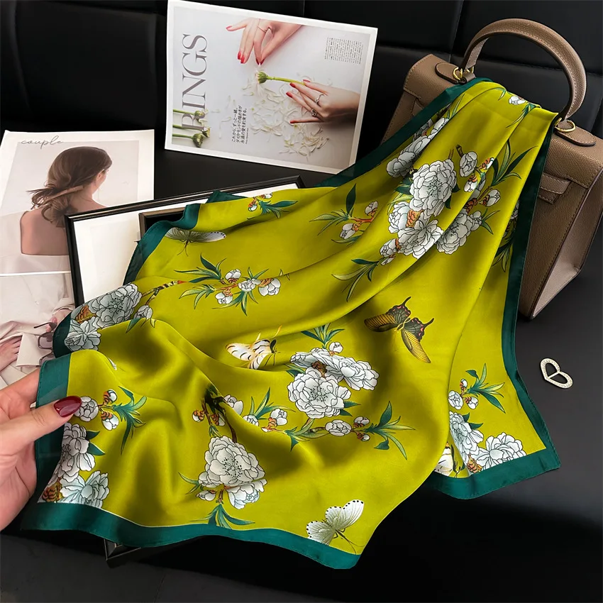 27.5" Elegant Floral Print Satin Square Scarf for Women Soft Lightweight Versatile Fashion Accessory Hair Scarf Neck Scarves