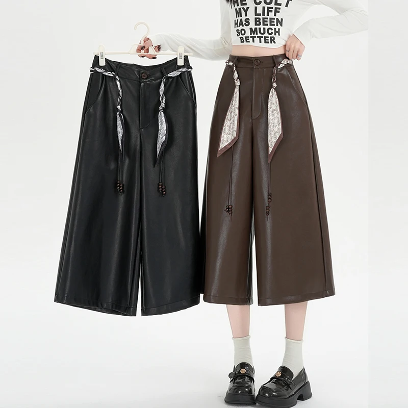 

Винтажные брюки из искусственной кожи, модные свободные повседневные полубрюки из искусственной кожи, осенне-зимние брюки