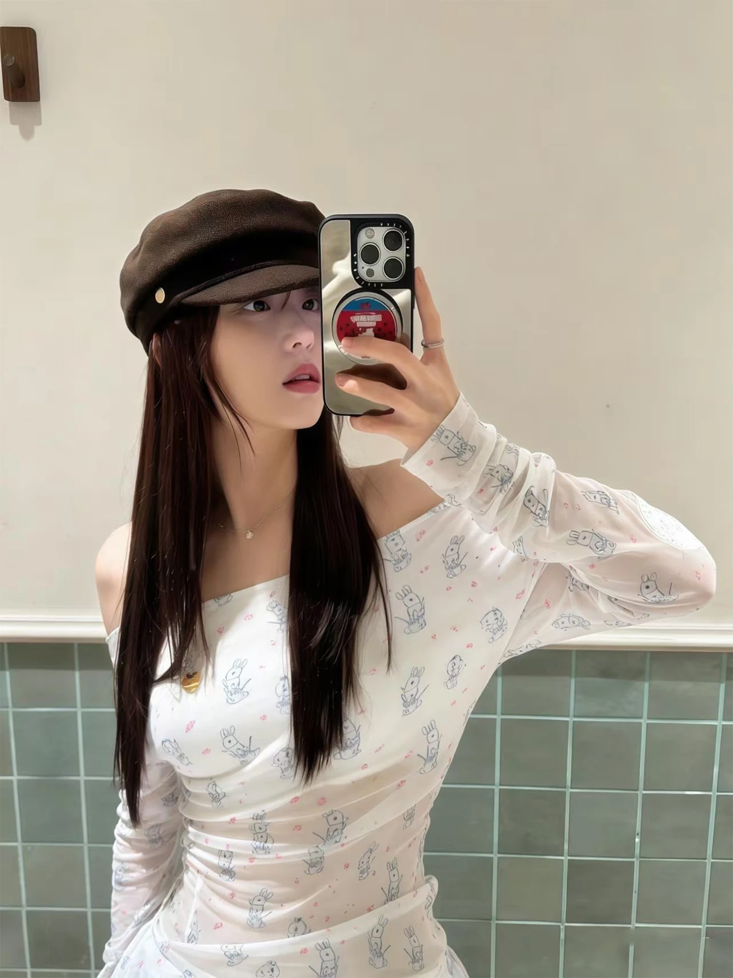 

Rabbit ort One-oulder Base irt Me Heart Tri Date Night Outfit Cotton Polyester Long Sve Printed Slim Fit T-irt