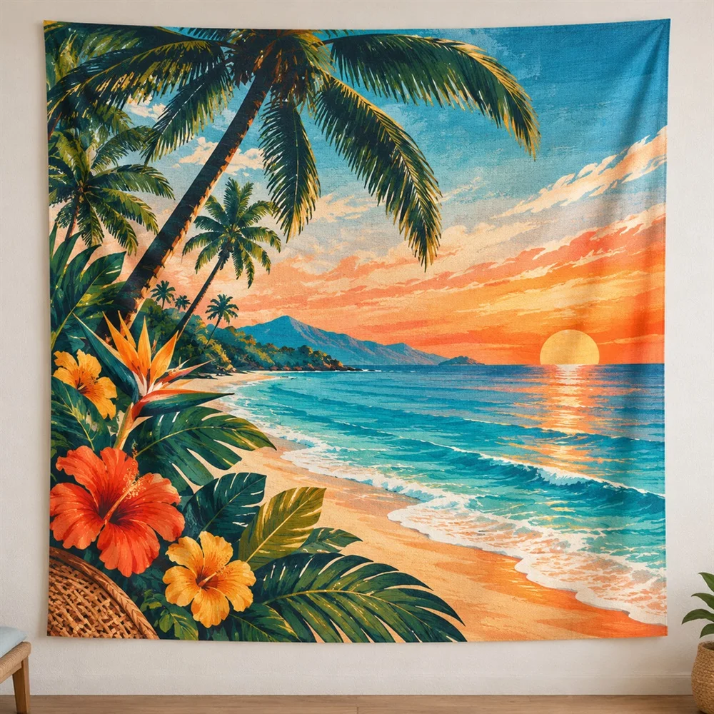 VIKAMA Palm Beach Sunset Diagonal Flow Tapestry Wall Hanging, Tropical Wall Decor Tapestries for Bathroom Bedroom Living Room