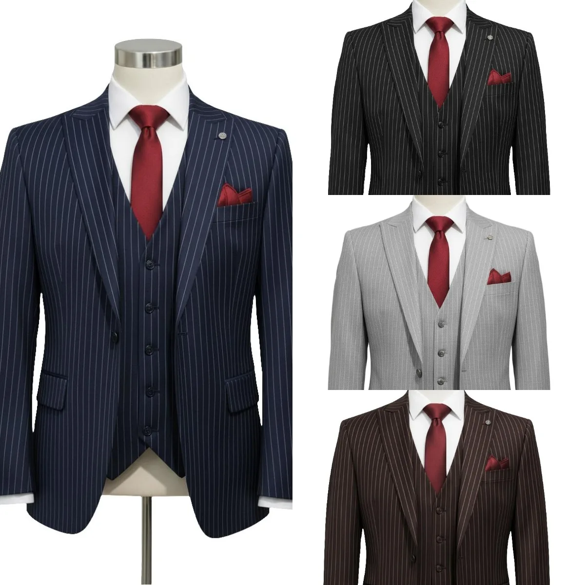 Classic Multicolor Single Breasted Notch Lapel Men's Pinstripe 3 Piece Suit Formal Business Blazer Vest Custom Made M264473