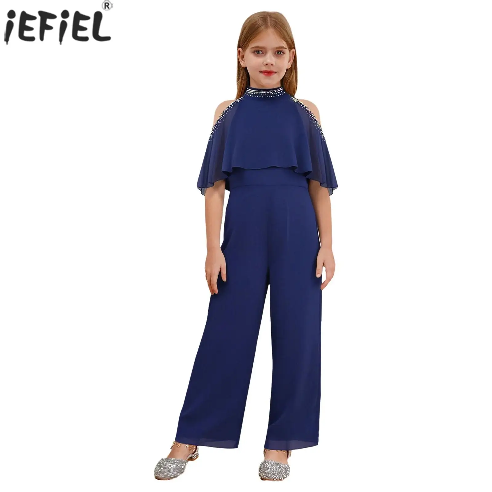 Kids Girls Elegant Party Jumpsuit Shiny Rhinestones Cold Shoulder Wide Leg Pants Rompers for Birthday Wedding Banquets Pageant