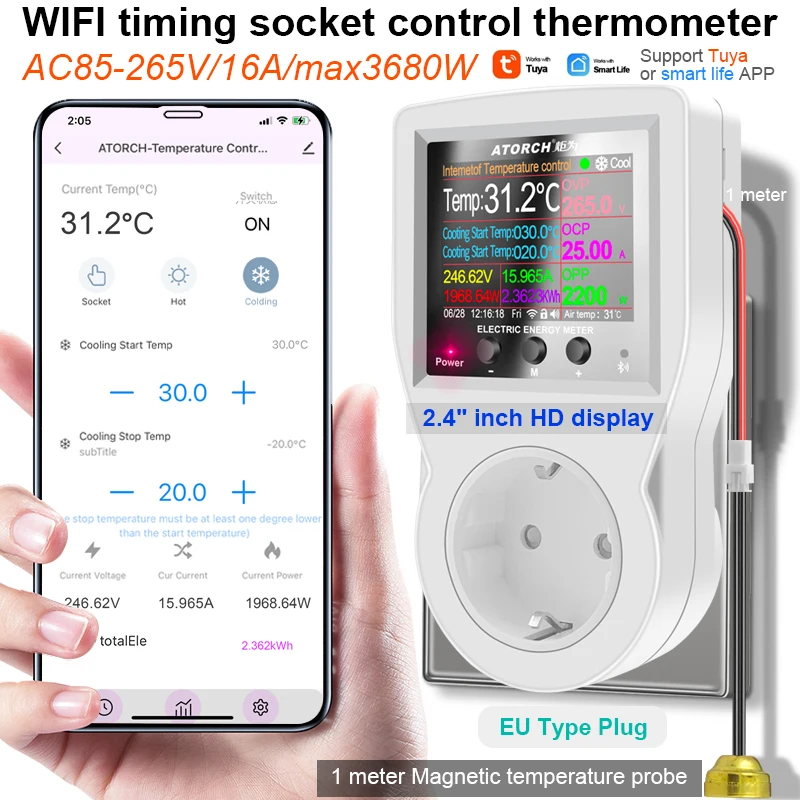 

S1 Tuya Smart Digital Thermostat WIFI Switch Socket Incubator Temperature Controller Outlet With Timer 16A for Heating Cooling