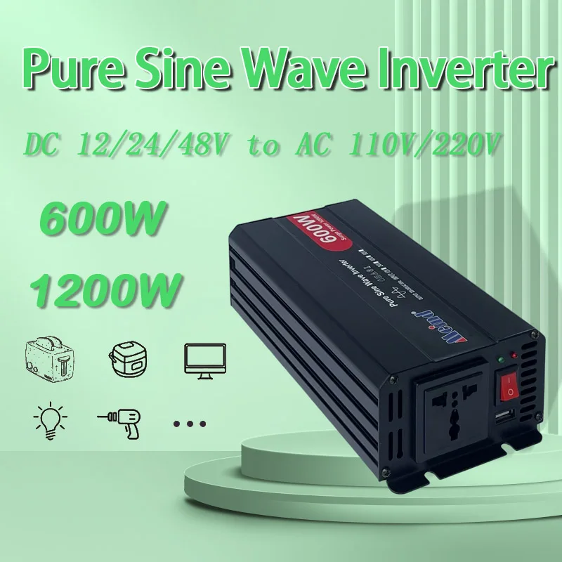 

High Quality PSW Pure Sine Wave DC 12V/24V to AC 110V/220V 600W Peak 1200 Watt Power Inverter