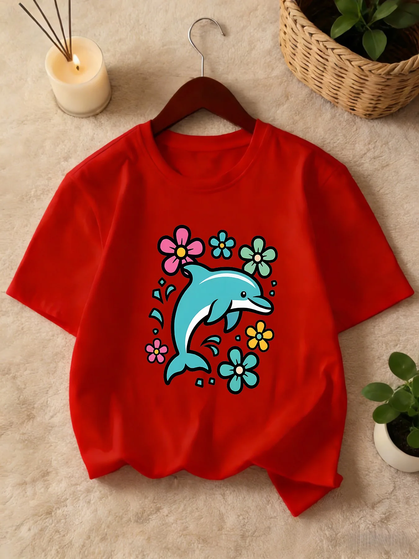 Cute Floral Dolphin Cartoon Print Graphic Kids Tee Boys Girls Family Matching Cotton Crew Neck Short Sleeve Soft Summer Tee