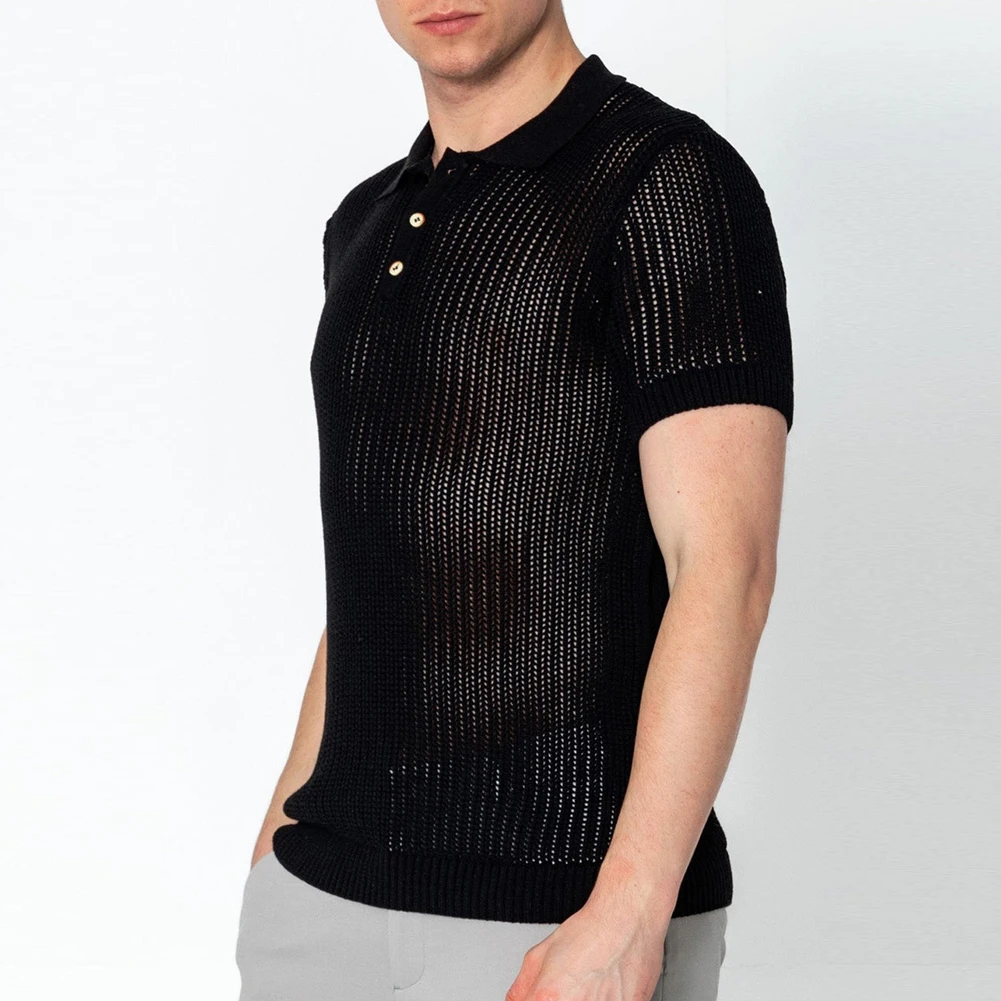 

Shirt Tops Fashion Streetwear Ribbed Knitted Sexy See Throughm Hollow Out Short Sleeve Shirt Slim Fit Comfy Fashion