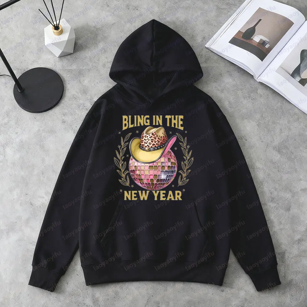 بلينغ في السنة الجديدة البلوز الوردي ديسكو الكرة السنة الجديدة هوديس الغربية راعية البقر قبعة هوديي المرأة موضة عطلة الشارع الشهير