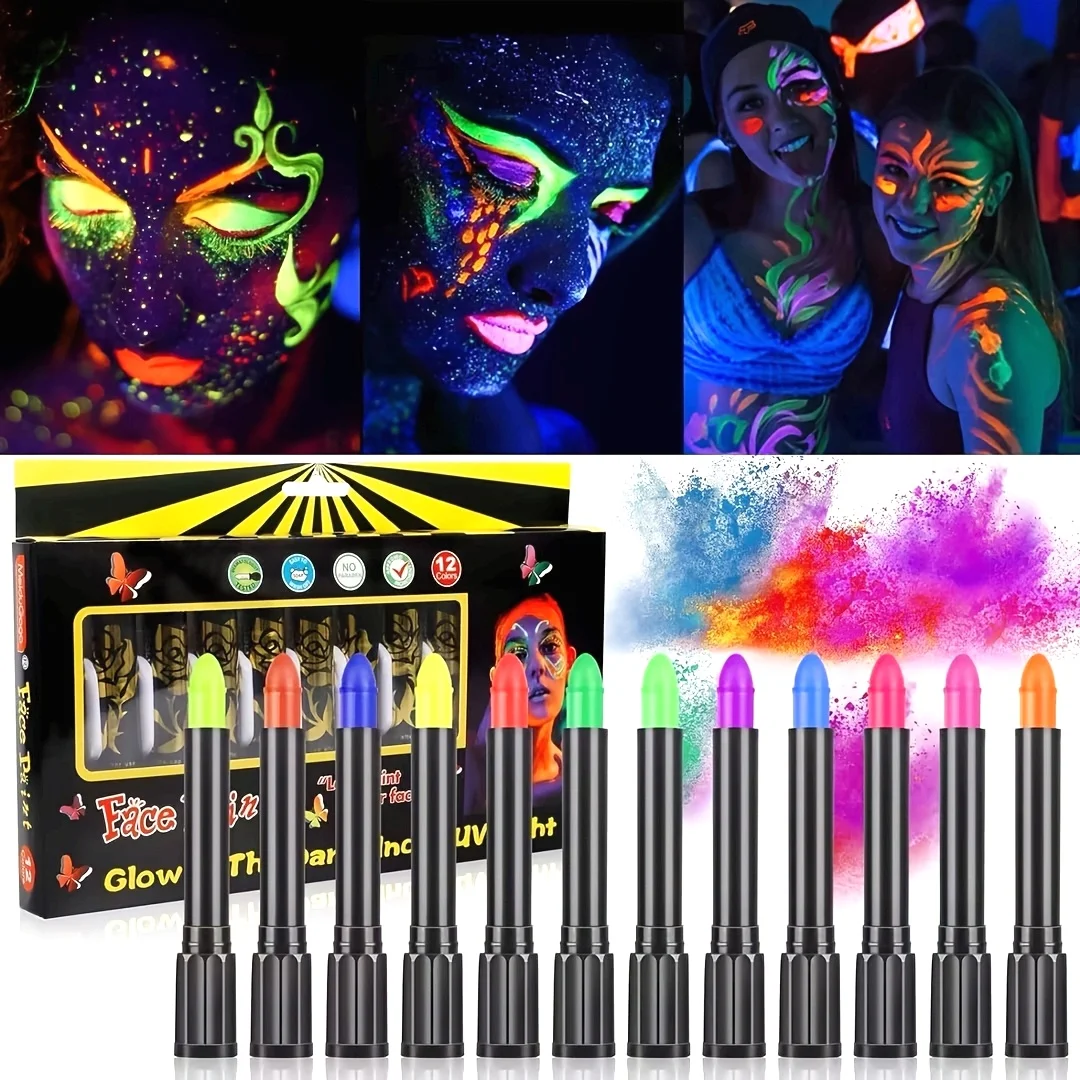 12pcs Neon Face & Body Paint Set, Adult Blacklight Glow Makeup Kit,Washable Fluorescent Face Painting Crayons & Markers