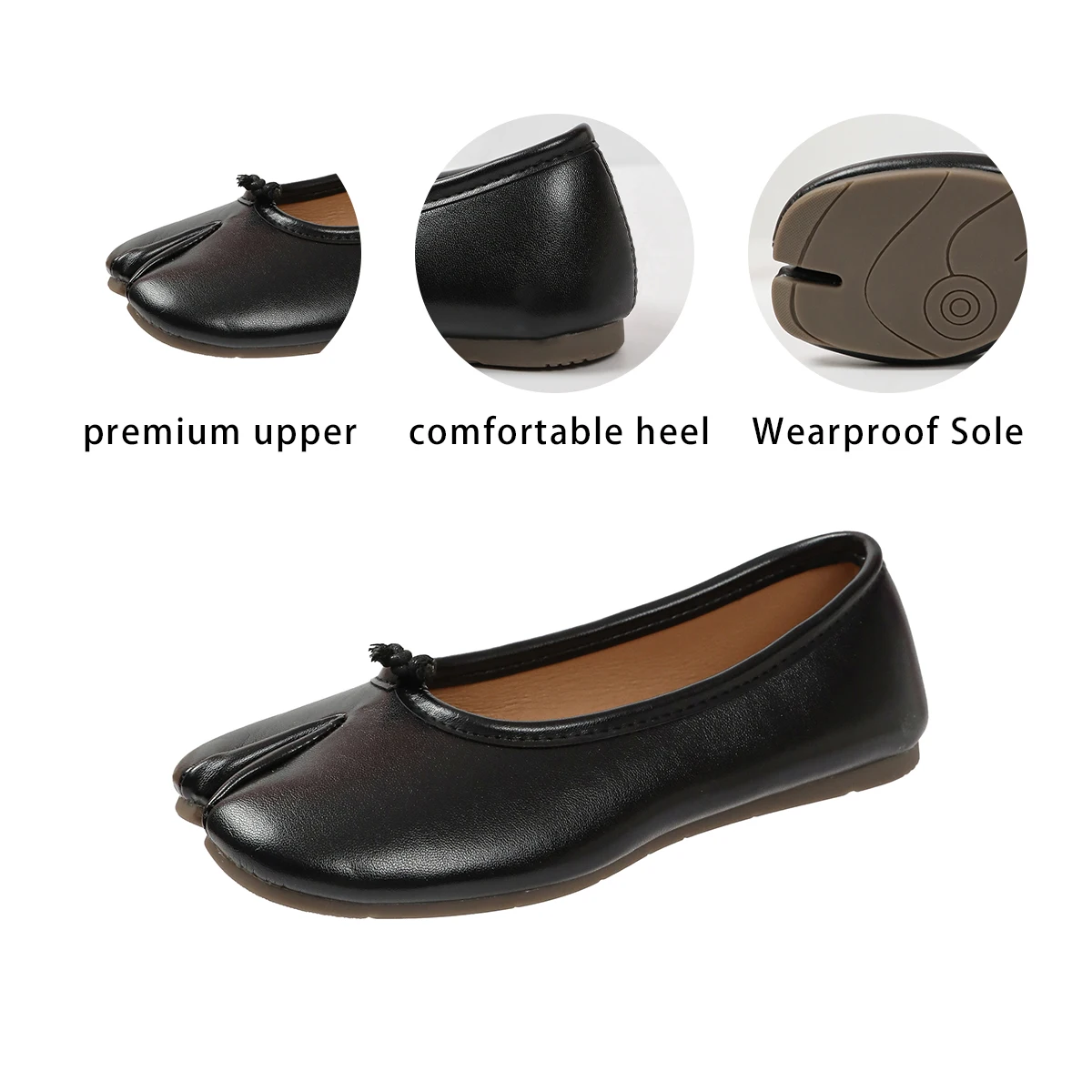 Brandneue Damen-Slipper mit geteiltem Zehenbereich, Tabi-Flats, aus weichem Leder, zum einfachen Anziehen, Ballerinas, bequem, für den Alltag, lässig, Loafer, Übergröße 43 – Detail 2