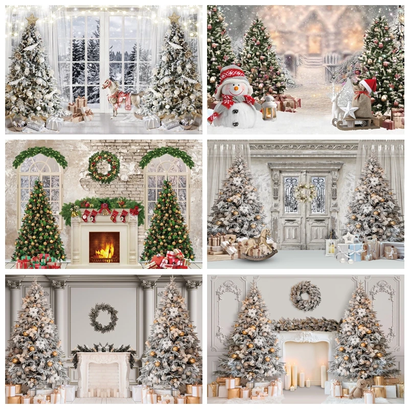 

New Year Christmas Photography Backdrops Pine Tree Gifts Fireplace Family Party Decor Background Baby Portrait Photo Studio Prop