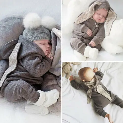 Newborn Baby Boy Girl Warm 3D Rabbit Ears Romper Jumpsuit Autumn Outfits Long Sleeve Clothes