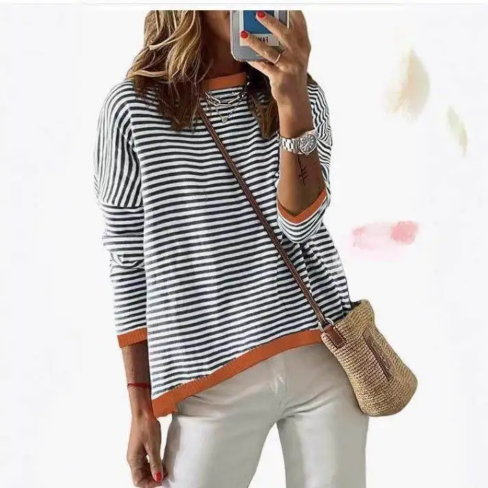 

Осенне-зимний вязаный длинный свитер на голову Sve, женский свободный крой, цветной блуз, полосатый свитер, круглый, Ne