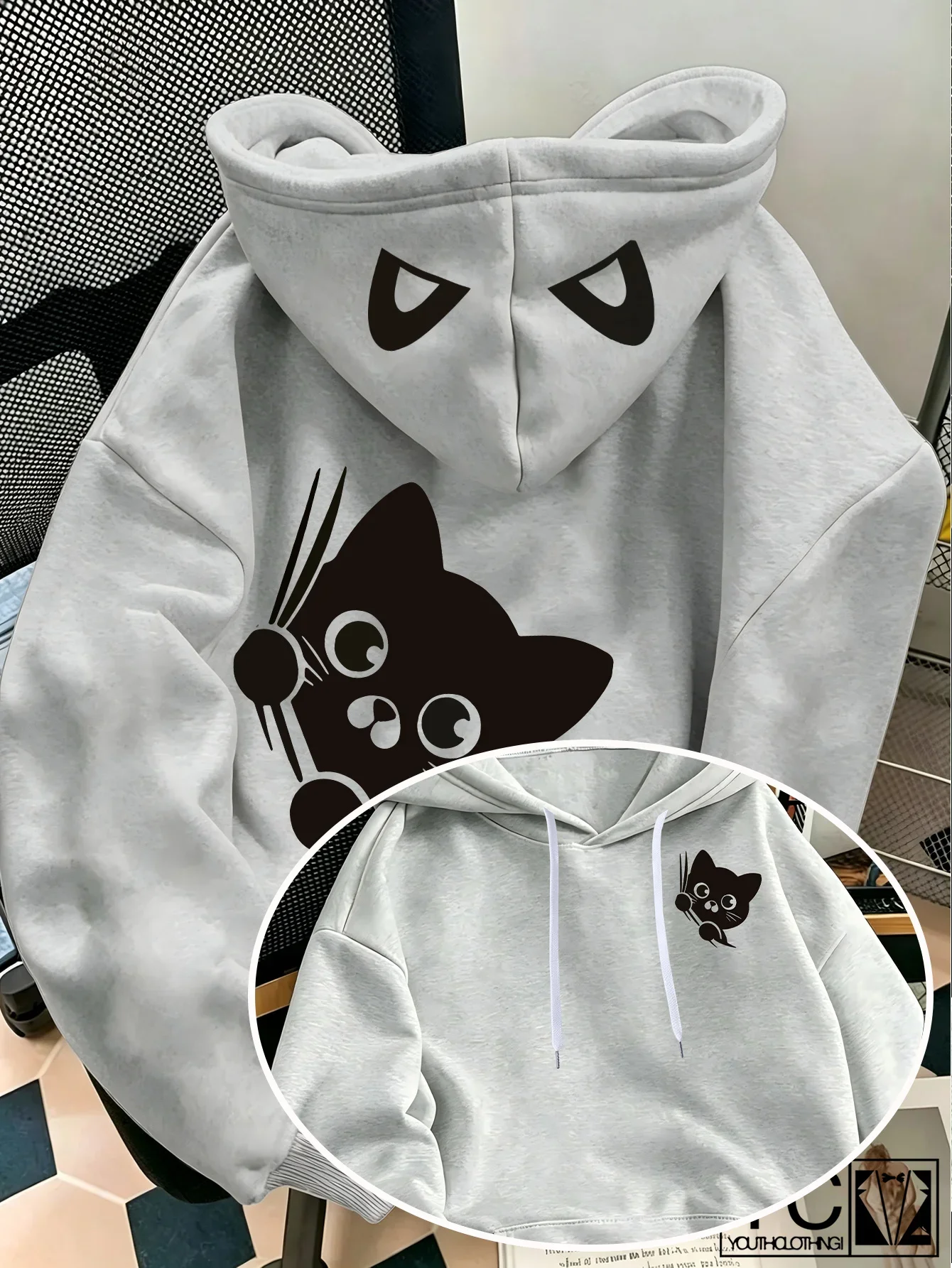 Men Cute Peeking Black Cat Sports Hoodie Cartoon Cat Print Grey Oversized Pullover Streetwear Sweatshirt Autumn Winter
