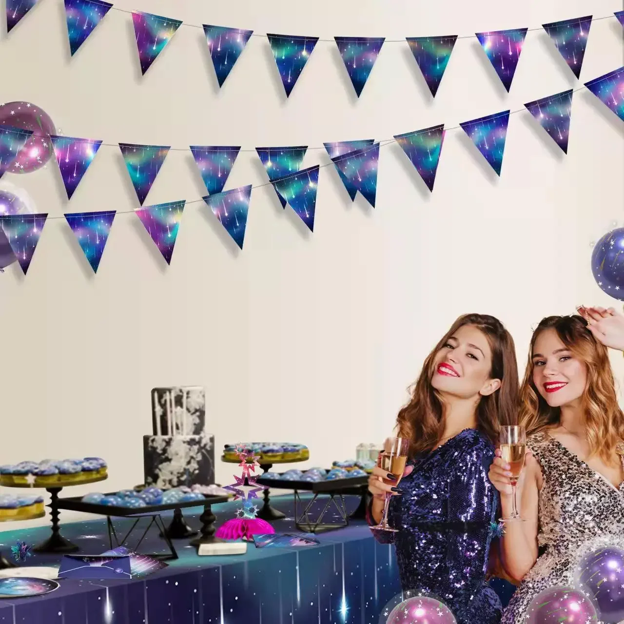 14ft funkeln sternen klare blaue lila Papier flagge Dreieck Banner Dekorationen für Universum Nacht Shooting Star themen orientierte Geburtstags feier – Detail 4