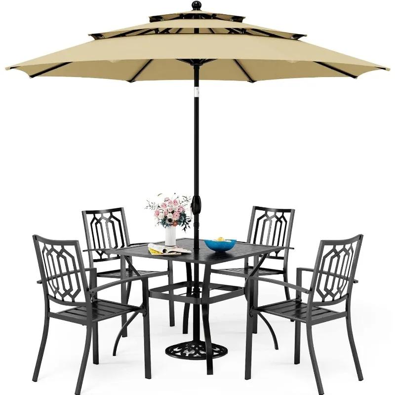 Patio Dining Set for 4 with 10ft 3 Tier Auto-tilt Umbrella, Outdoor Table Furniture Set with 4 x Metal Outdoor Chairs