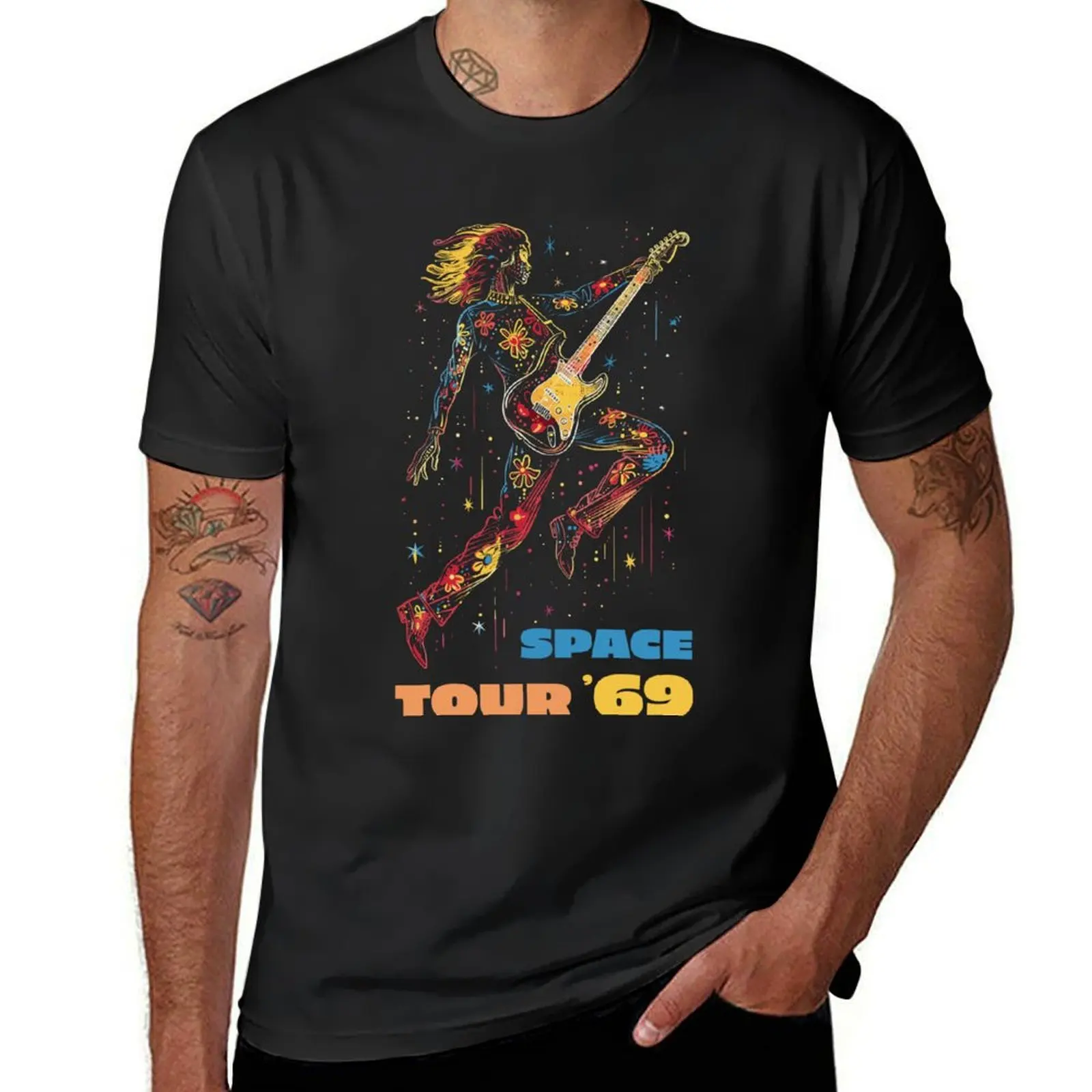 Space Tour '69: Flying Hippie with Electric Guitar T-Shirt blanks summer clothes men graphic t shirts