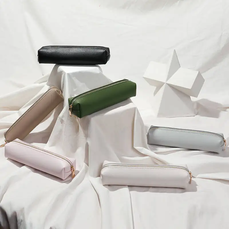Large-capacity pencil case, solid color leather, stain-resistant, for pens, stationery, and makeup brush storage