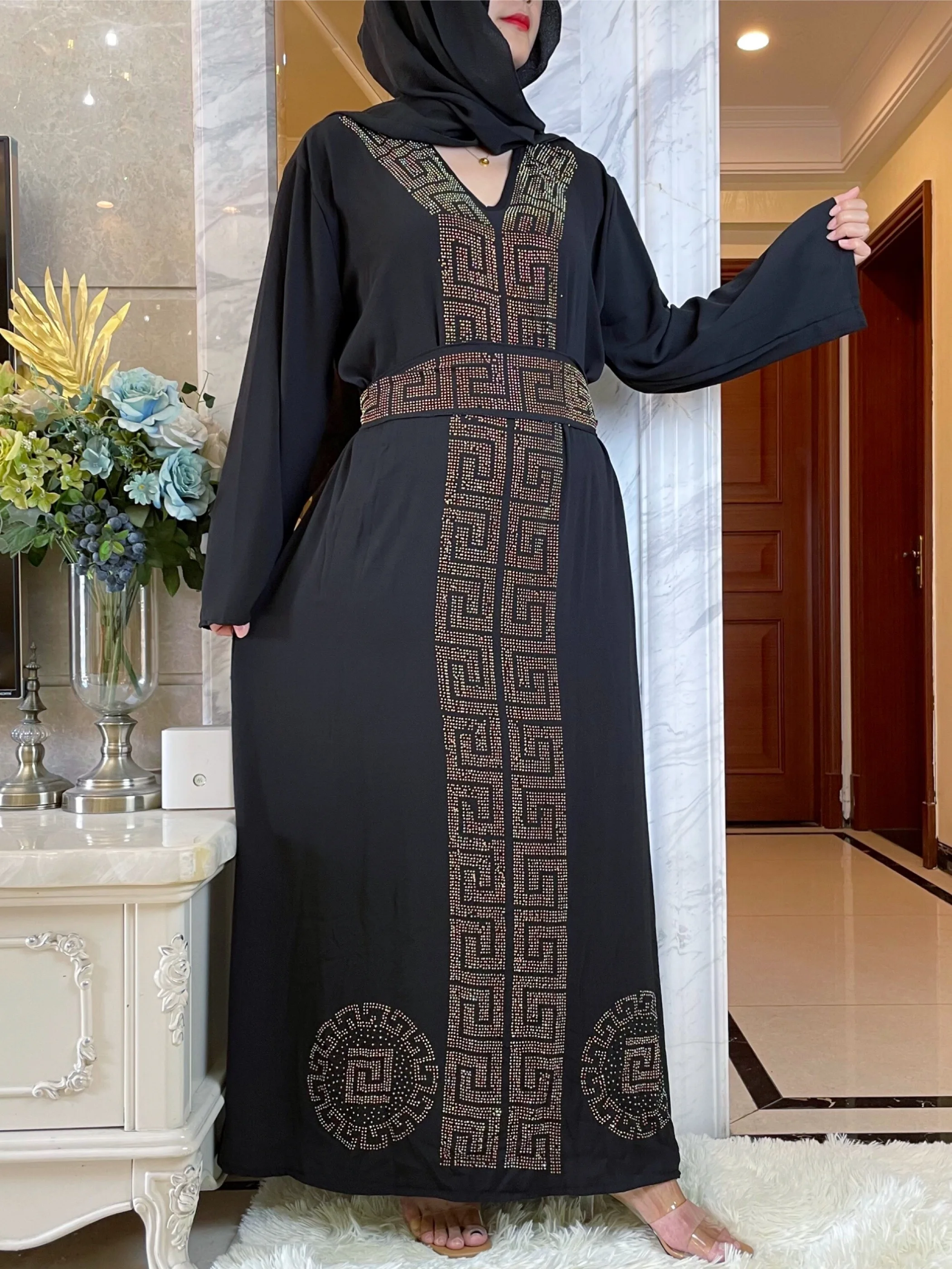 New African Autumn Abaya For Women Dubai Islamic Dress Black Diamonds Long Sleeve  Arab  Muslim Evening Dress Party Clothing