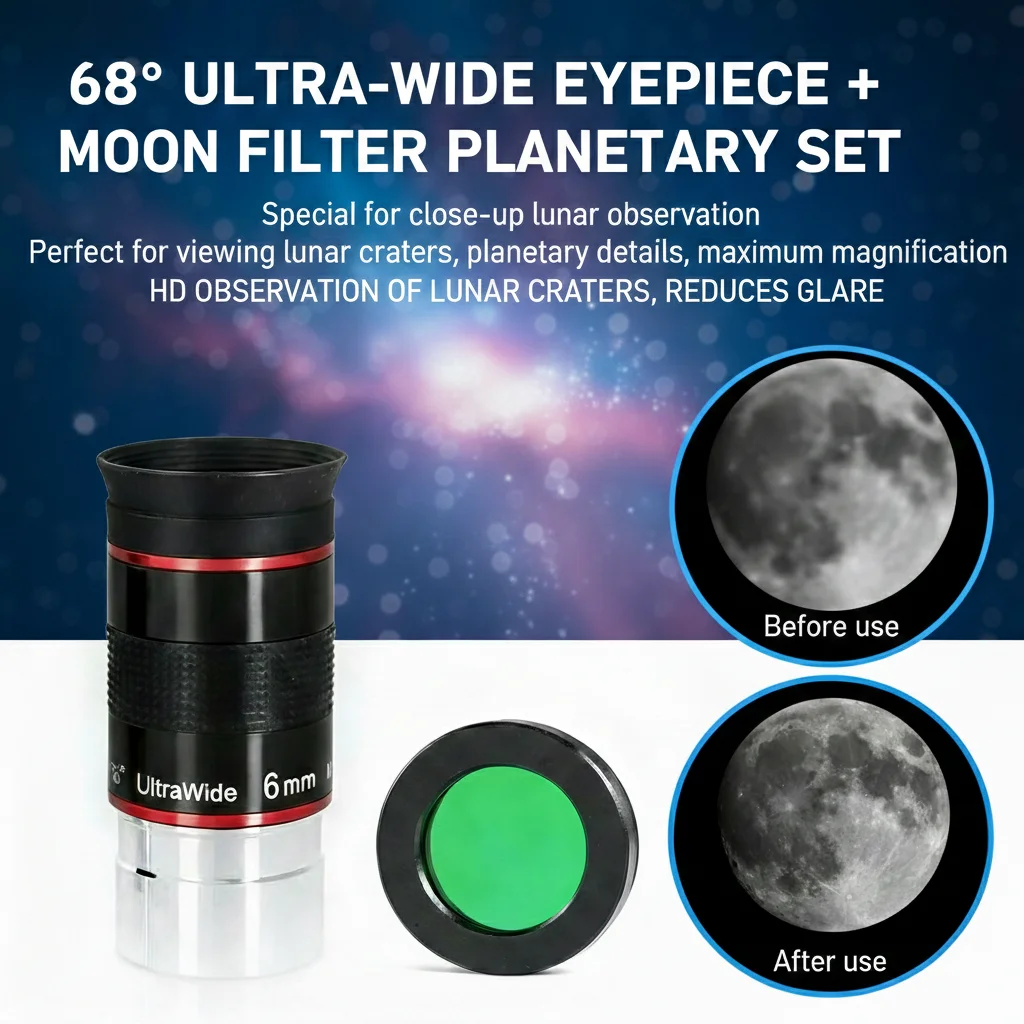 O ocular ultra grande angular de 68 graus e 6mm e o filtro lunar estão incluídos. É altamente adequado para observar cratères lunares e planetas.