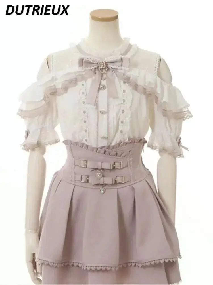 

Милые милые топы с короткими рукавами для девочек, японский стиль, Mine Mass-Produced, лето 2022, Kawaii, утягивающая кружевная рубашка с открытыми плечами