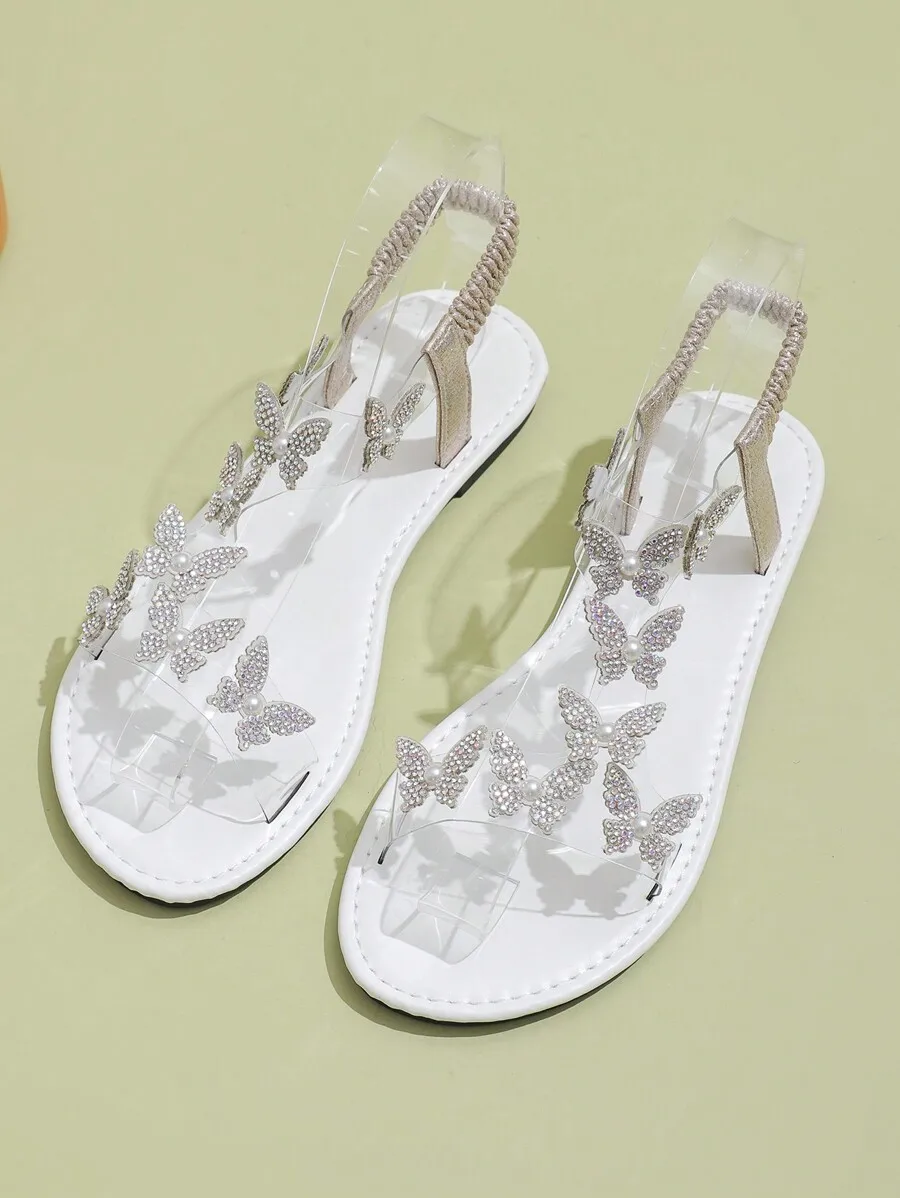 

Womens Flat Sandals With Butterfly Rhinestones And Clear Straps Bohemian Style For Party Formal