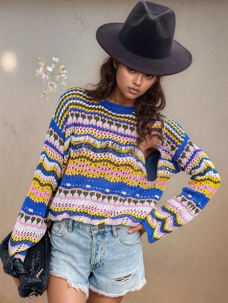 2025年新作 パッチワークニットセーター ルーズカラーブロック ラウンドネック ストライプセーター レディース