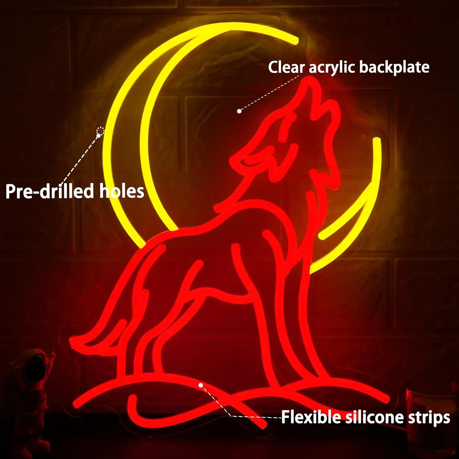Howling Wolf Neon Sign Dimmable LED Light with Moon Accent for Bedroom Game Room Bar Party Man Cave Aesthetic Wall Decor Gifts view 2