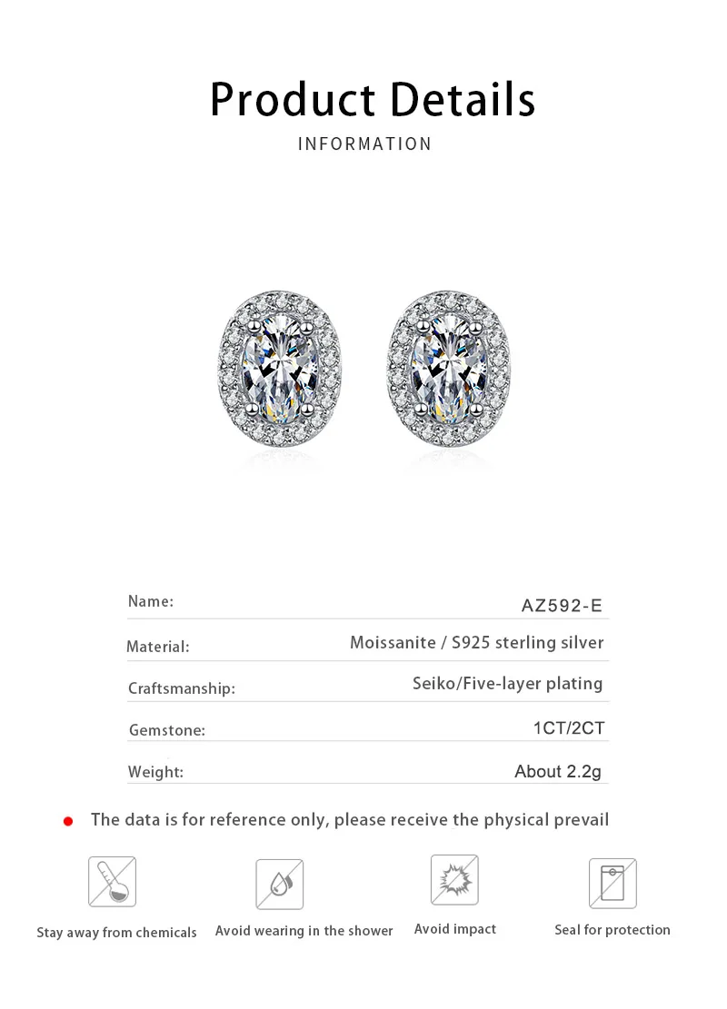 Wholesale Custom Fine Jewelry Oval Cut D Color 2.0CT Moissanite Diamond Earrings S925 Sterling Silver Stud Earrings for Women