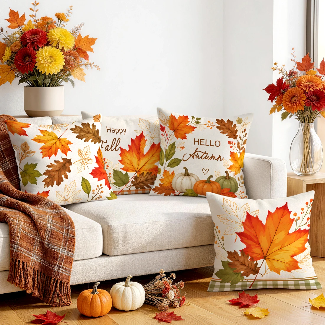 1pcs/4pcs Plaid Maple Leaf Autumn Text Cushions Pillowcase Polyester Cushion Cover Throw Pillow Pillowcover Home Car Sofa Decor