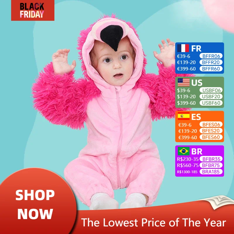 2024 Cartoon Flamingo Bodysuit Baby Girl Romper Anime Pajamas Halloween Winter  Pajamas Jumpsuit Warm Boy Cosplay Costume Onesie