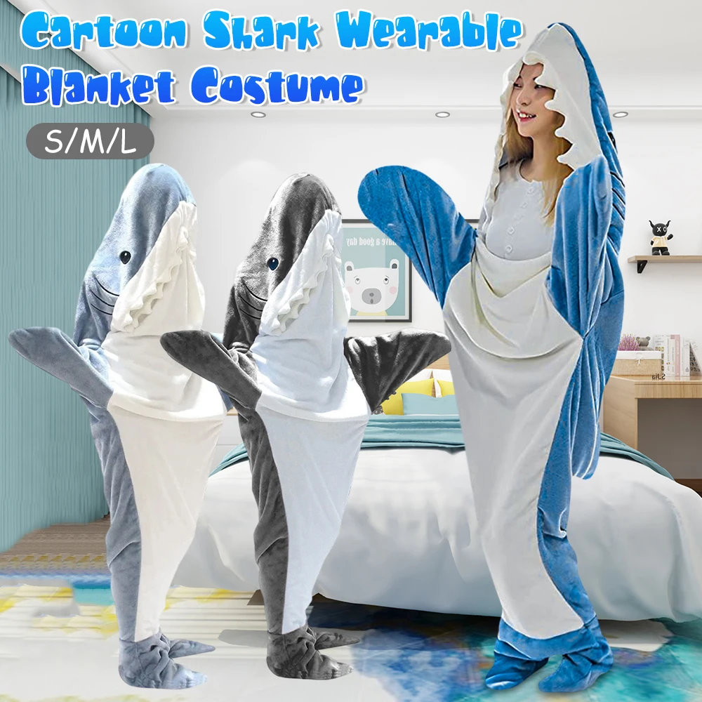 Shark Blanket Adult Cartoon Sleeping Bag Shark Onesie Sleeping Bag Pajama Hooded Warm Flannel Funny Homewear Winter Warm Blanket