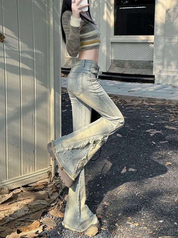 High Waist Bell Bottom Denim Jeans Women's Loose Fit Slimming Bootcut Pants Fleece American Retro Style plus Size