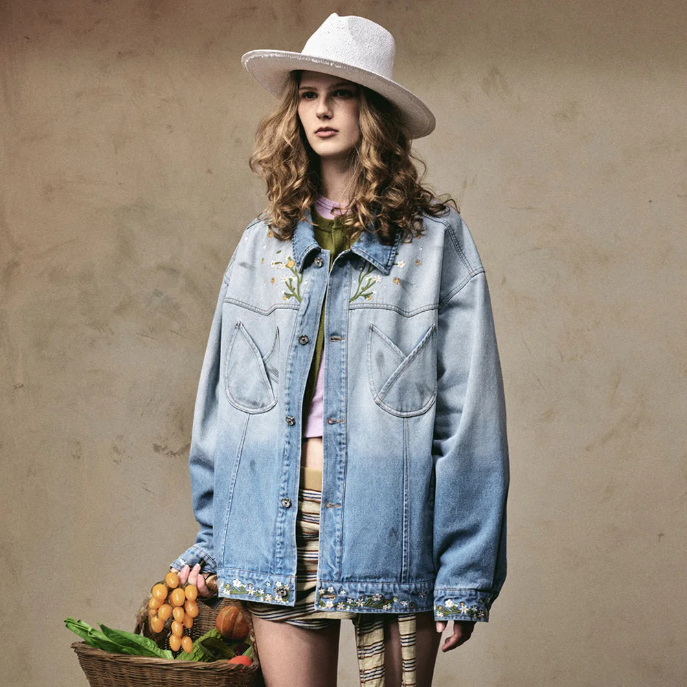

Flower Embroidery Denim Jacket Men Women Streetwear Fashion Loose Casual Vintage Jeans Cargo Jacket Spring Autumn Coat Outerwear