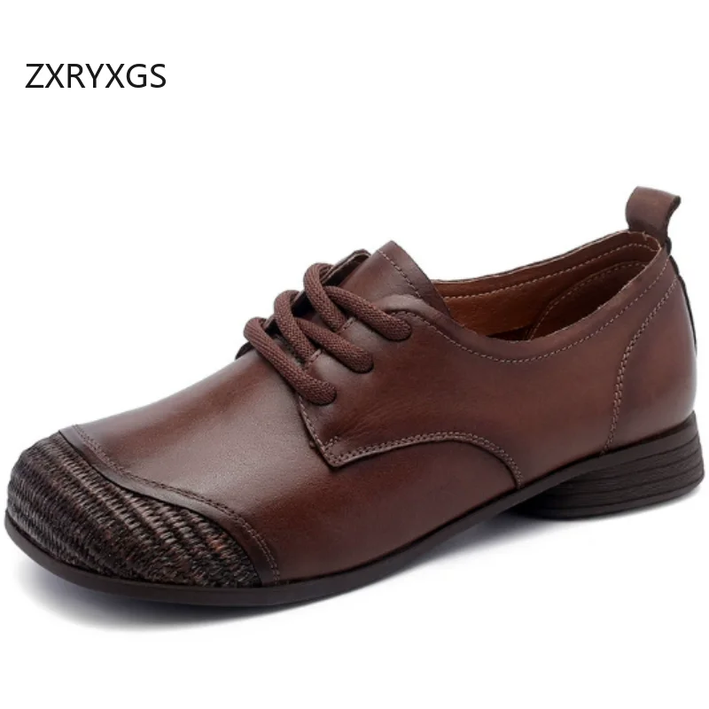 

ZXRYXGS Top Cowhide Full Real Leather Shoes Comfortable Flats Soft Sole 2025 New Lace-up Elegant Fashion Shoes Women Flat Shoes