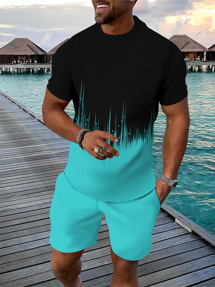 Hawaiian New Men's Two-Piece Set Beach Coconut Tree Print Crew Neck Short Sleeve Shirt Drawstring Shorts Casual Vacation Outfit