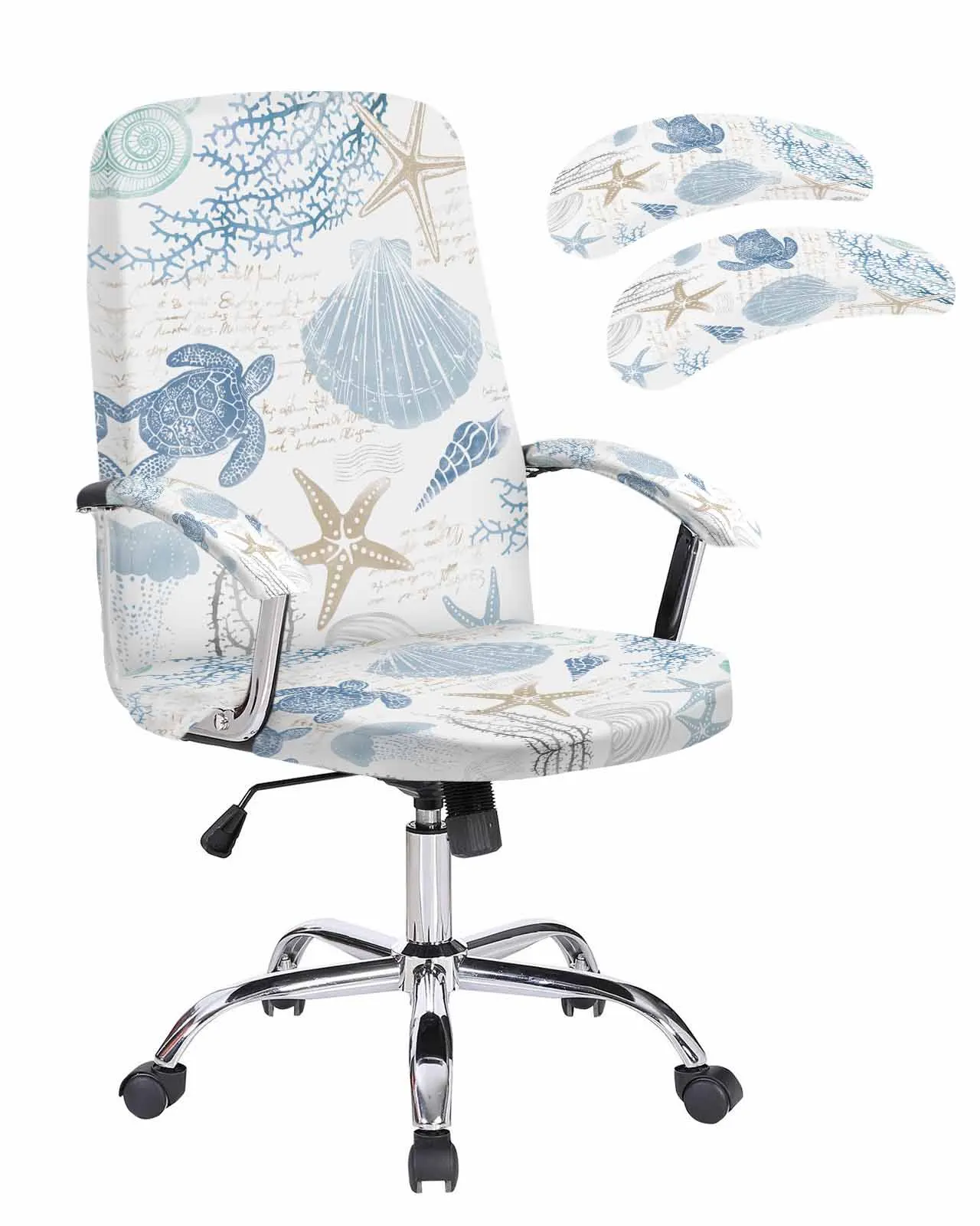 Marine Starfish Sea Turtles Jellyfish Blue Elastic Office Chair Cover Gaming Computer Chair Armchair Protector Seat Covers